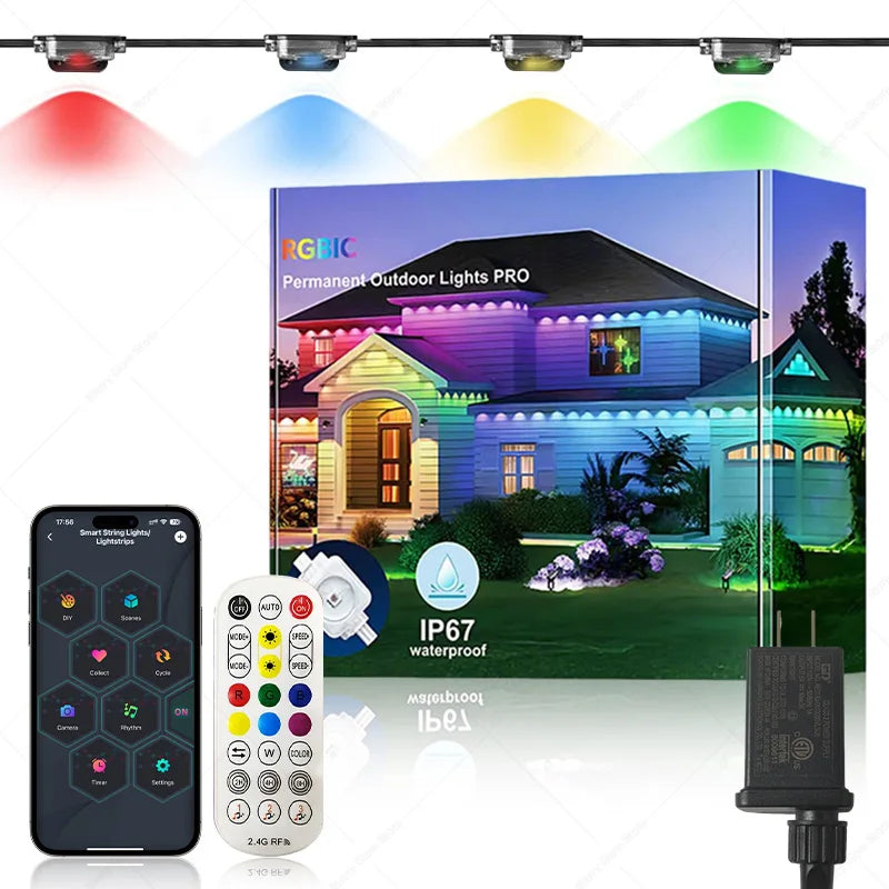 Permanent Outdoor Smart Eaves Lights 100FT 60LED App Control RGBIC String Lights with Remote for Home Christmas Parties & Events