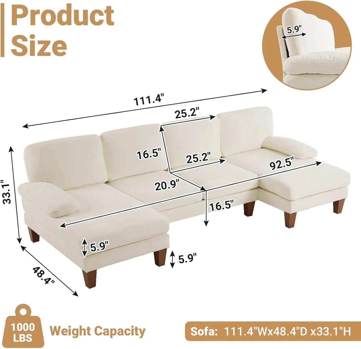 110" Sectional Couches for Living Room,U Shaped Couch with Double Chaise, 4-Seat Sofa Set with Chenille Fabric for Home