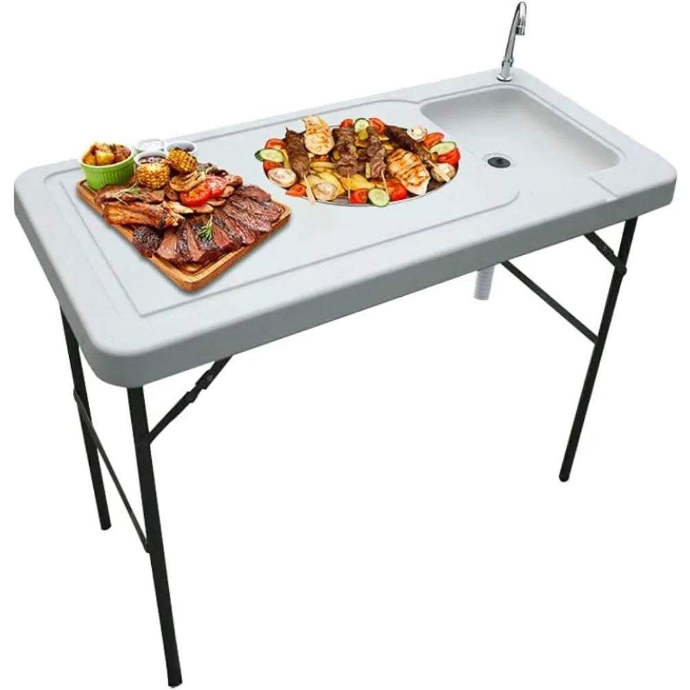 46” Fish Cleaning Table with Sink, Portable Camping Table with Faucet & Drainage Hose, Outdoor Fillet Station for Camp, Picnic