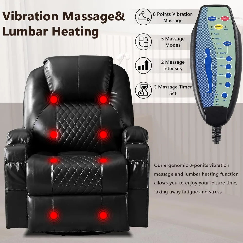 Power Swivel Rocker Recliner Chair with Massage and Heat, Faux Leather Home Theater Seating with LED Ambient Lighting, Glider R