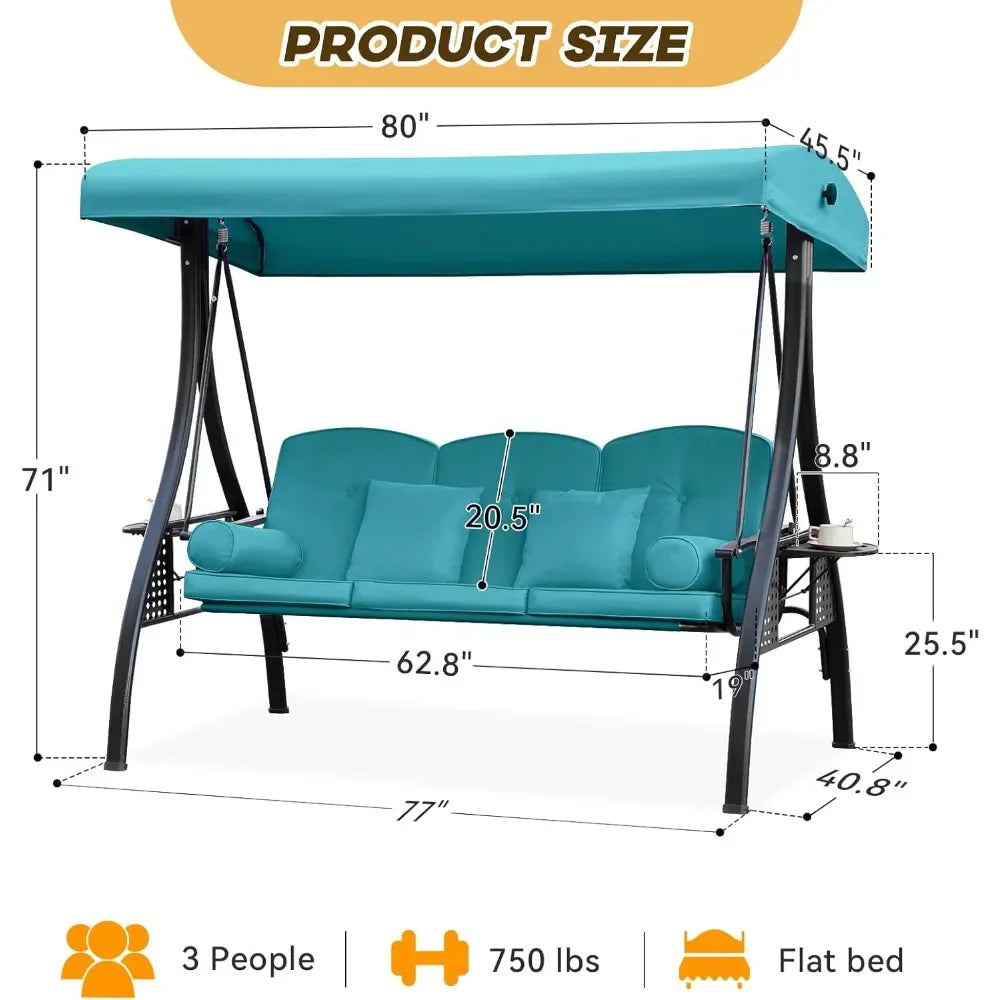 Outdoor Porch Swing with Adjustable Canopy Three Seat Outdoor Swing for Adults Patio Swing Chair with Thickened Cushions