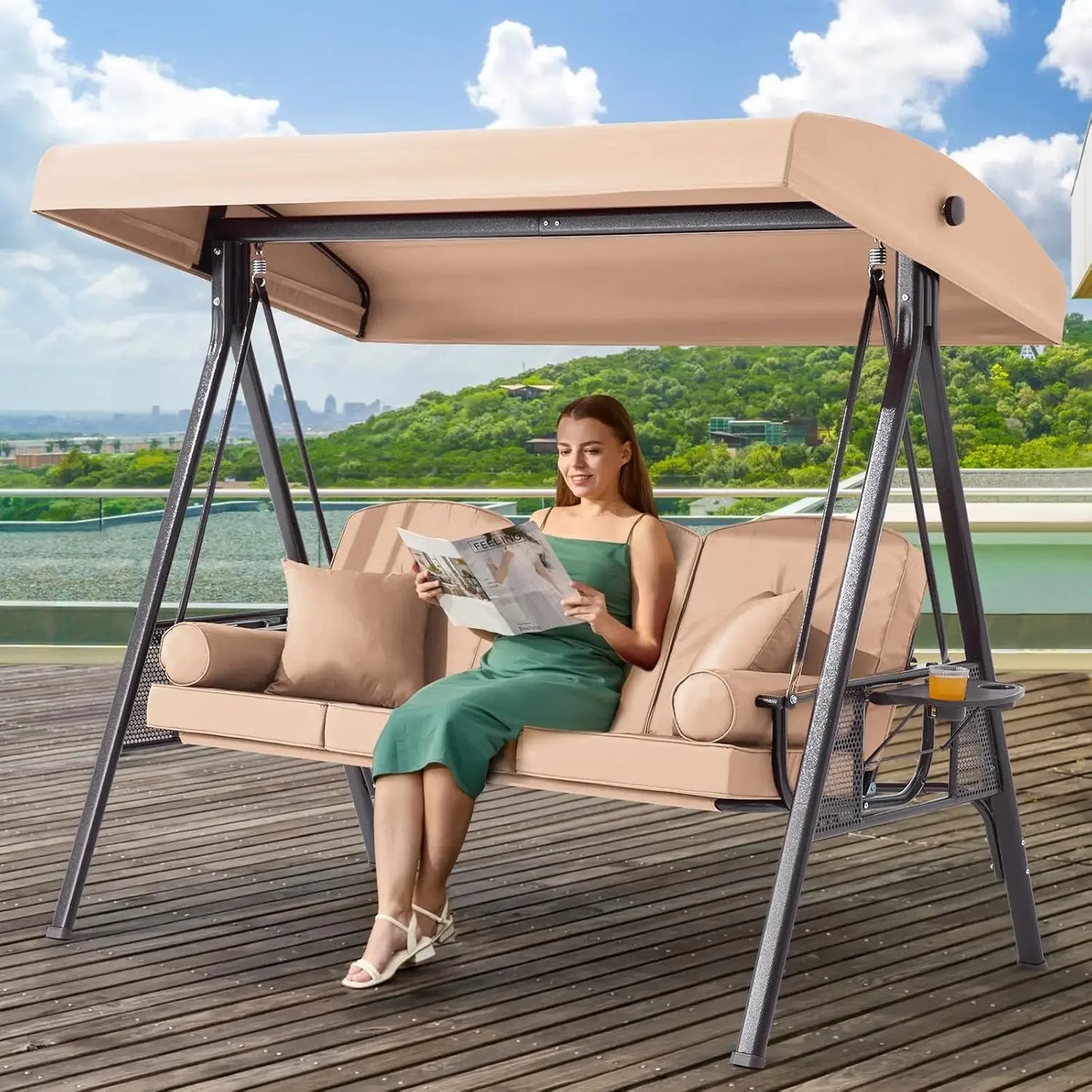 Outdoor Porch Swing with Adjustable Canopy Three Seat Outdoor Swing for Adults Patio Swing Chair with Thickened Cushions