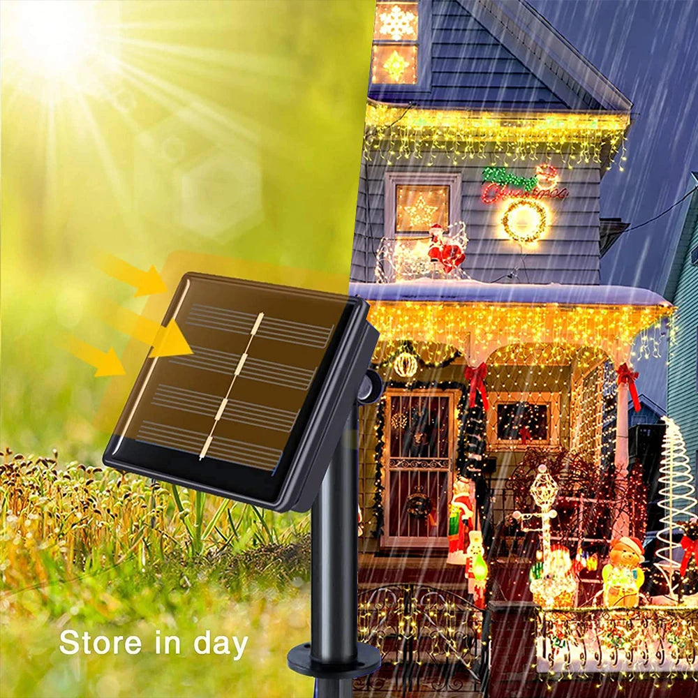 Solar Icicle Curtain Lights Outdoor Waterproof Eaves Light String 8 LIghting Modes 2025 Garden New Year Ramadan Decoration