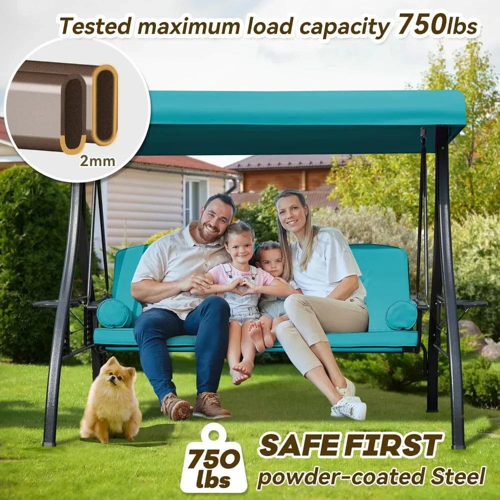 Outdoor Porch Swing with Adjustable Canopy Three Seat Outdoor Swing for Adults Patio Swing Chair with Thickened Cushions