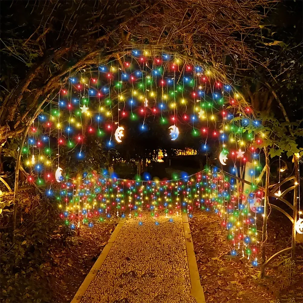 Solar Icicle Curtain Lights Outdoor Waterproof Eaves Light String 8 LIghting Modes 2025 Garden New Year Ramadan Decoration