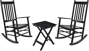 Outdoor Rocking Chair Set, Wood Porch Rocker, 2 Wooden Rocking Chair With Outdoor Side Table, Perfect for Indoor or Outdoor, All