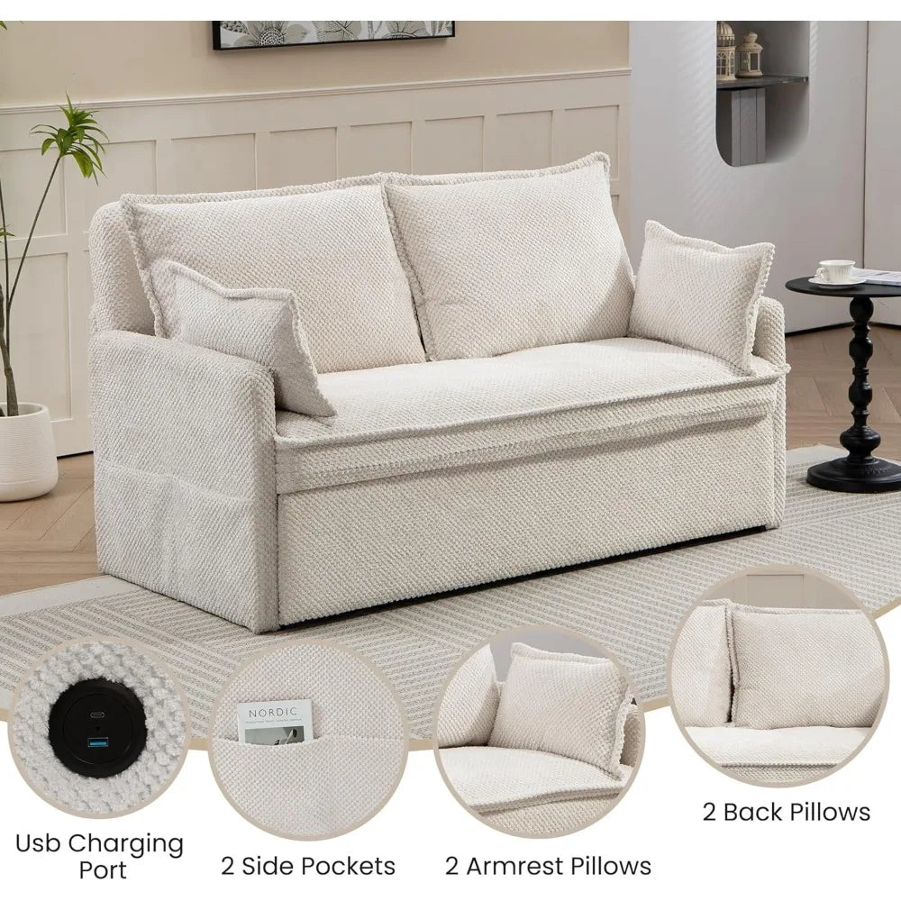 2 in 1 Queen Sleeper Sofa Bed Pull Out Couch, Convertible Sofa Bed with USB Ports and Side Pocket, Corduroy Chaise Lounge
