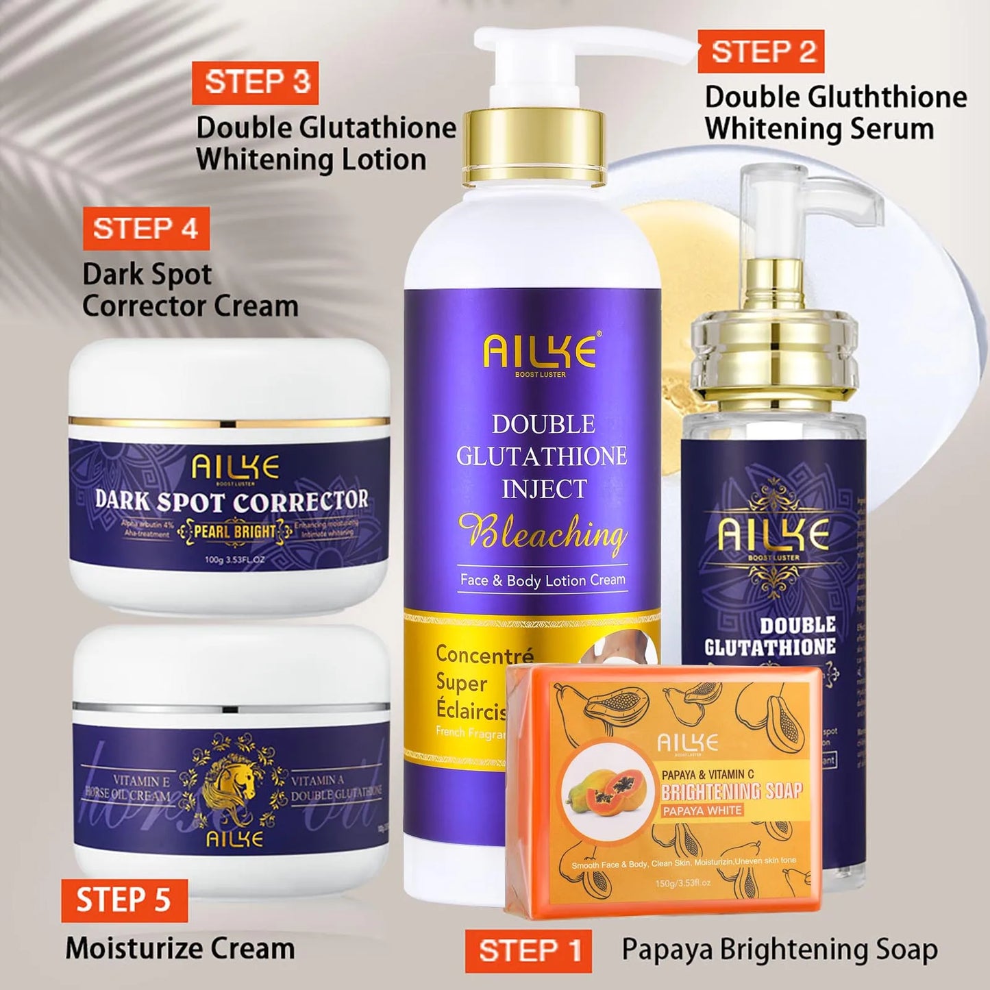 AILKE Bleaching Skin Care, With Double Glutathione, Lightening, Moisturizing, Remove Dark Spots, Melanin, Skin Glowing Face Care