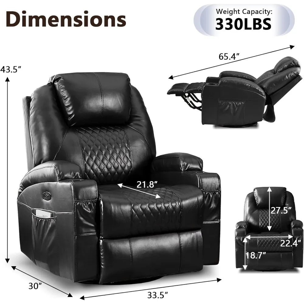 Power Swivel Rocker Recliner Chair with Massage and Heat, Faux Leather Home Theater Seating with LED Ambient Lighting, Glider R