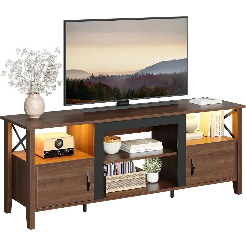 Farmhouse TV Stand for 70 inch TV, Gaming Entertainment Center with LED Lights & Storage Cabinets & Shelf