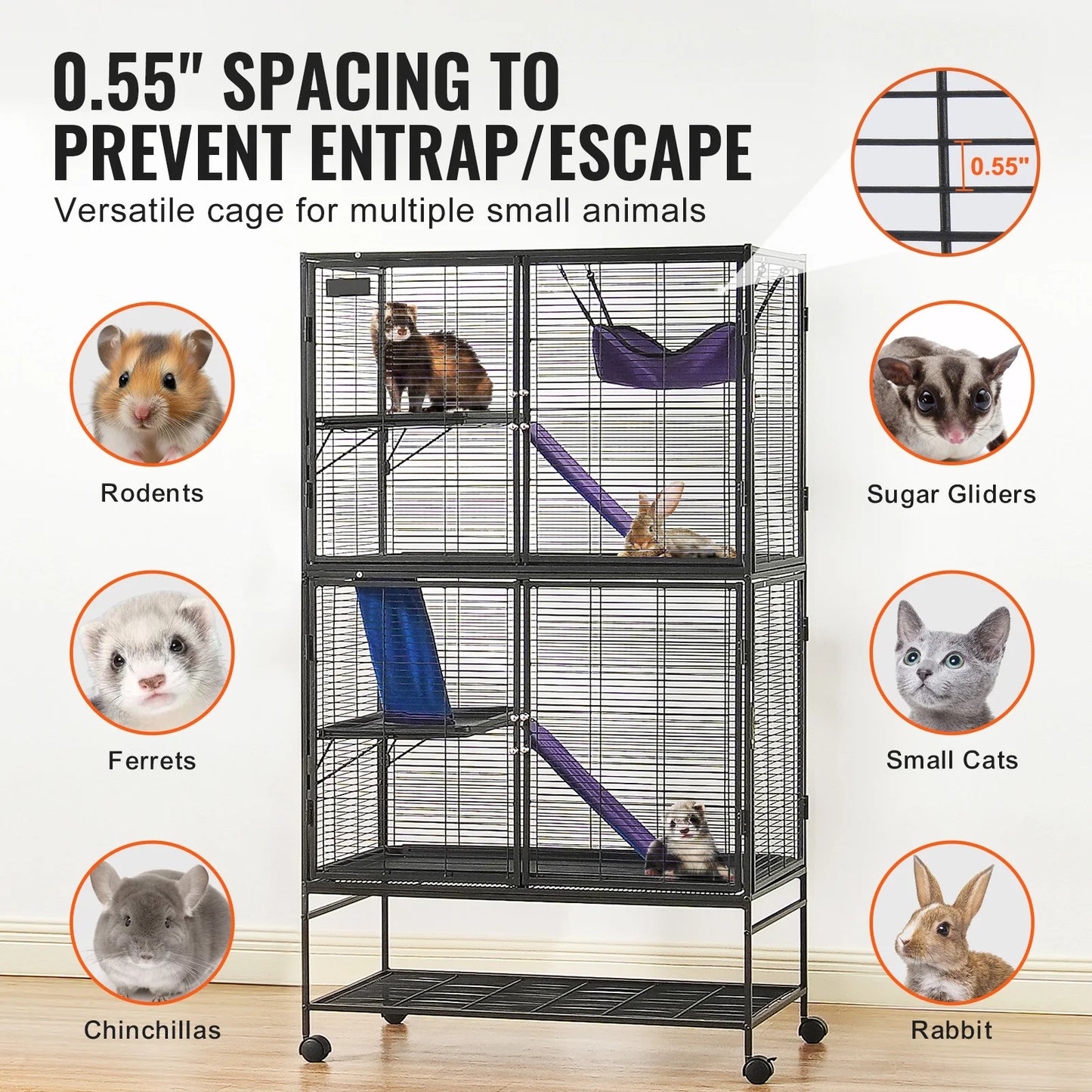 SucceBuy 64.6" Rolling Metal Ferret Cage Large 4-Tier Critter Nation Cage Small Animal Cage for Pet Rats Hamster Guinea