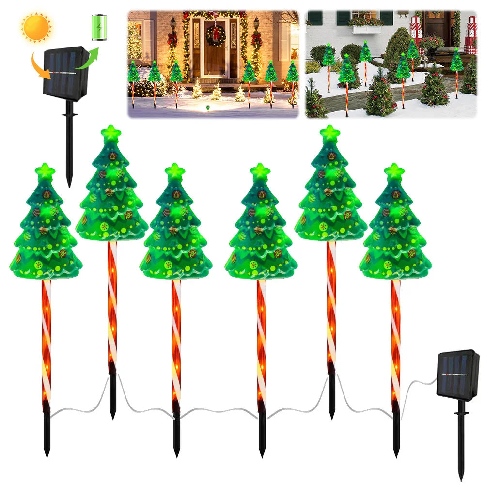 6 Pack Solar Xmas Tree Light 6 Modes LED Solar Powered String Lights Auto On/Off Decorative Pathway Light for Courtyard Balcony
