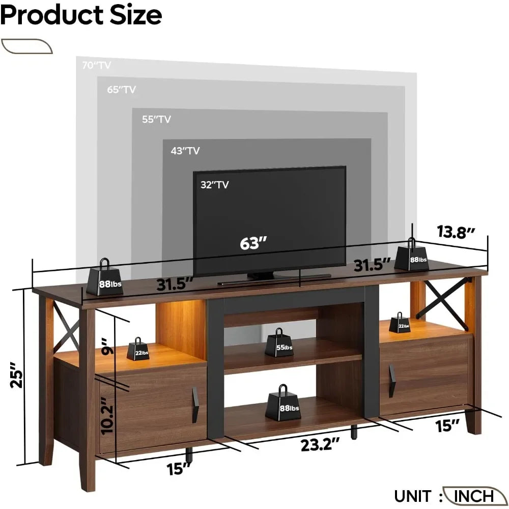 Farmhouse TV Stand for 70 inch TV, Gaming Entertainment Center with LED Lights & Storage Cabinets & Shelf