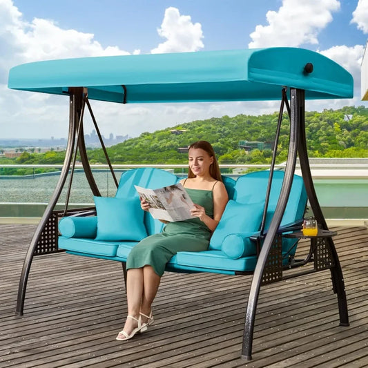 Outdoor Porch Swing with Adjustable Canopy Three Seat Outdoor Swing for Adults Patio Swing Chair with Thickened Cushions