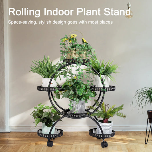 Unho 6 Potted Metal Plant Stand Garden Cart Wrought Iron Flower Pots Rack Holder Display Shelf with Wheels for Patio Porch