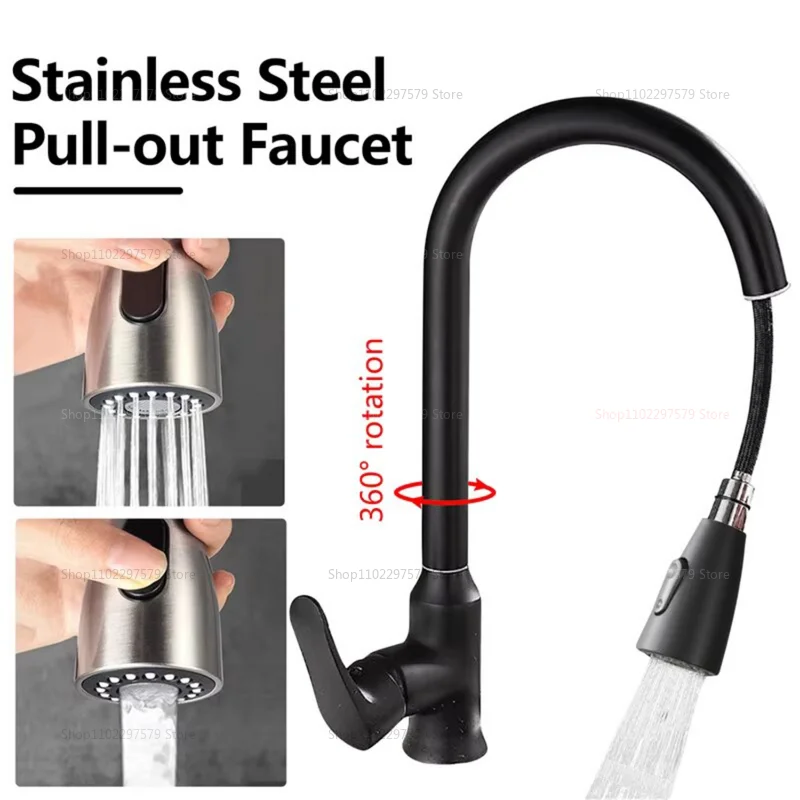 Stainless Steel Kitchen Faucet with Pulldown Spray 360 Rotation Single Hole Sink Faucet Modern Easy to Clean for Home