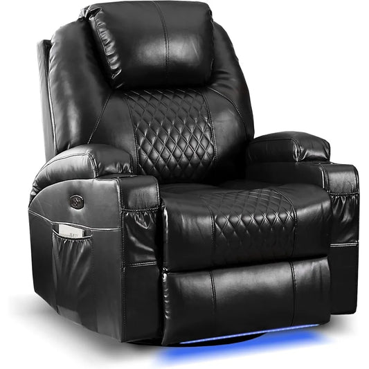 Power Swivel Rocker Recliner Chair with Massage and Heat, Faux Leather Home Theater Seating with LED Ambient Lighting, Glider R