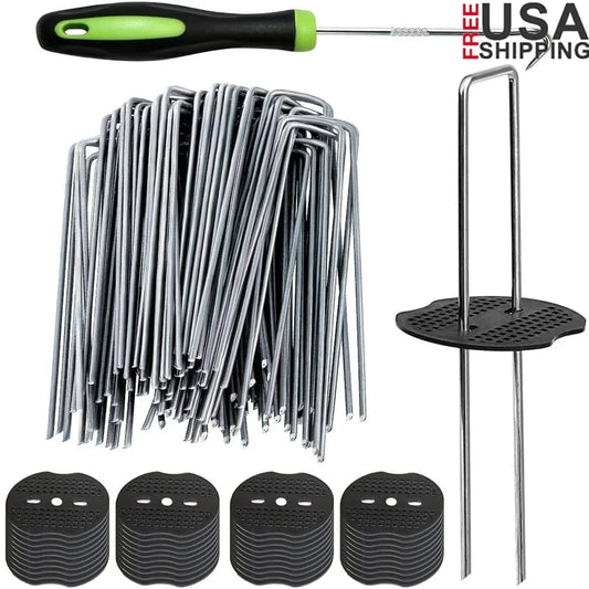 50 Pieces Heavy Duty U Shaped Garden Stakes Landscape Staples 6 Inch 11 Gauge Galvanized Metal with Fixing Gaskets and Pick Hook Included