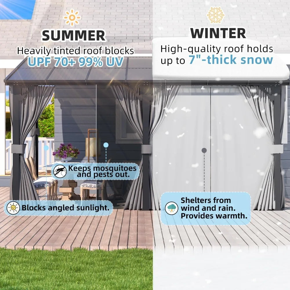 16' x 8' Gazebo Outdoor Pergola with Curtains and Netting, Hard Top Lean to 8x16 Gazebo Shelter Pergolas and Gazebos Clearance