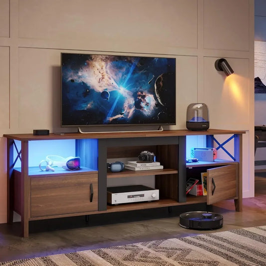 Farmhouse TV Stand for 70 inch TV, Gaming Entertainment Center with LED Lights & Storage Cabinets & Shelf