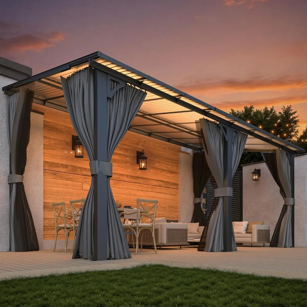 16' x 8' Gazebo Outdoor Pergola with Curtains and Netting, Hard Top Lean to 8x16 Gazebo Shelter Pergolas and Gazebos Clearance