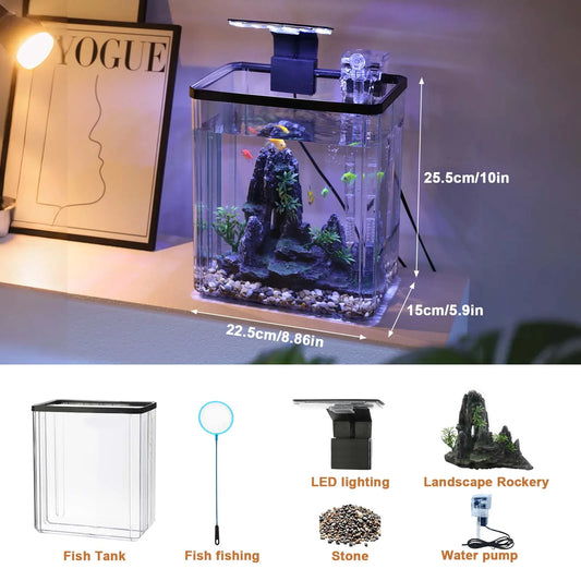 1 Set Mini Fish Tank Ultra White Living Room Desktop Filter Oxygen Generator Aquarium Starter Kit Home Decoration Landscaping