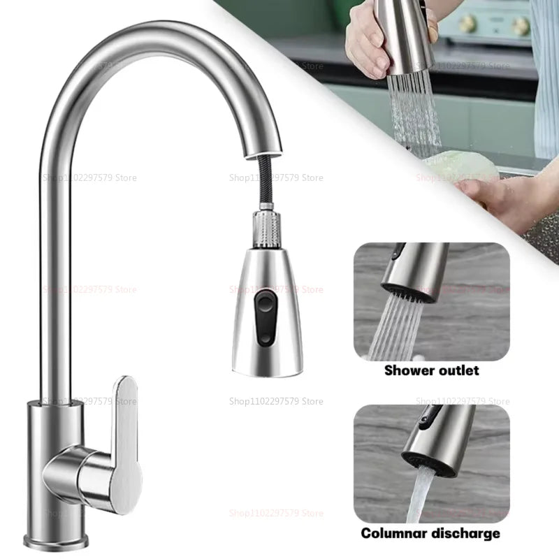 Stainless Steel Kitchen Faucet with Pulldown Spray 360 Rotation Single Hole Sink Faucet Modern Easy to Clean for Home