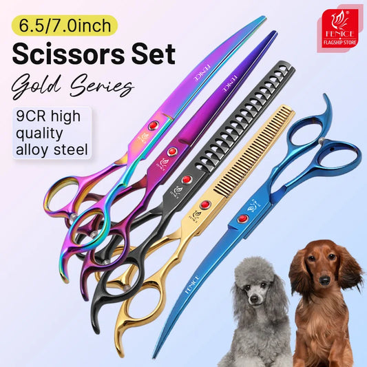 Fenice Classical Model Home Use 9CR Steel 6.5 7.0 Inch Rainbow and Black Dog Grooming Scissors Shears Set for Household Pet Owners
