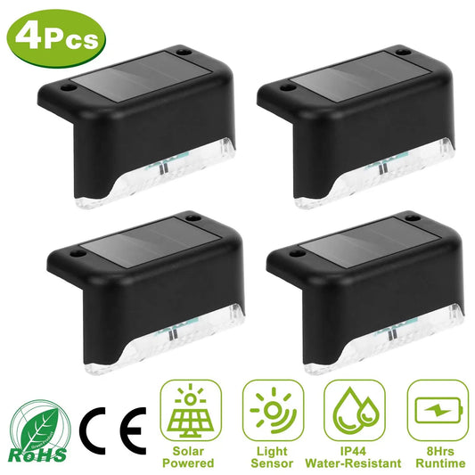 For 4Pcs Solar Powered LED Step Lights Outdoor Water-Resistant Dusk To Dawn Sensor Fence Lamps For Stairs Yard Railing
