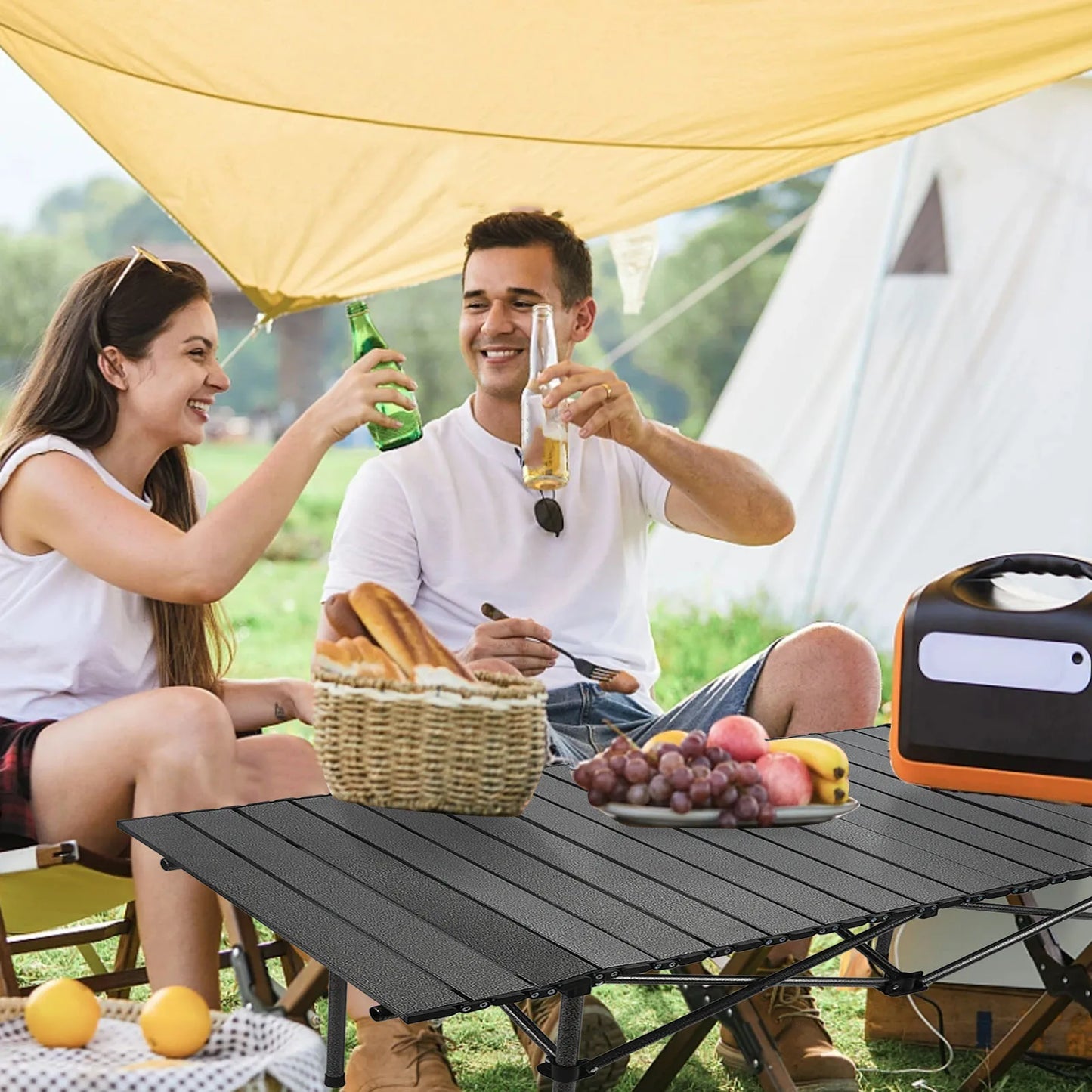 Folding Camping Table 47.24in Black Multi Functional Carbon Steel Portable Roll Up Outdoor Table with Carrying Bag for Outdoor