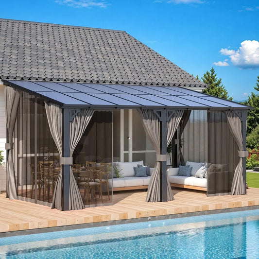 16' x 8' Gazebo Outdoor Pergola with Curtains and Netting, Hard Top Lean to 8x16 Gazebo Shelter Pergolas and Gazebos Clearance