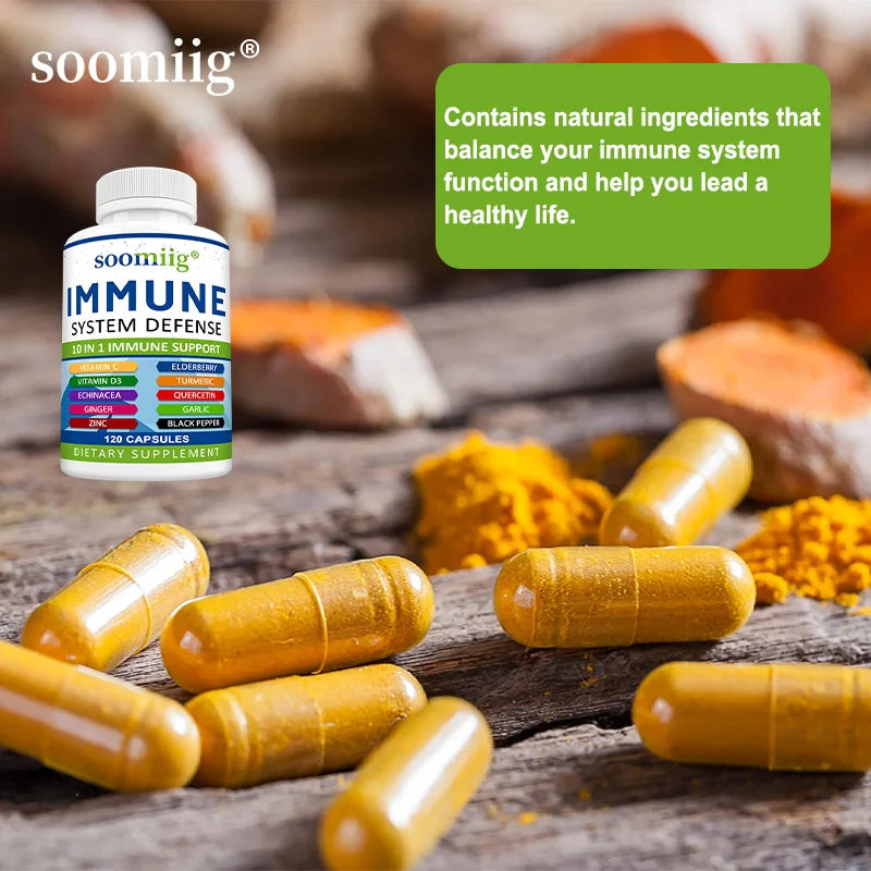 10-in-1 Immune System Defense Supplement - with Vitamins, Elderberry, Helps Balance Immune System Health - Vegetarian Capsules