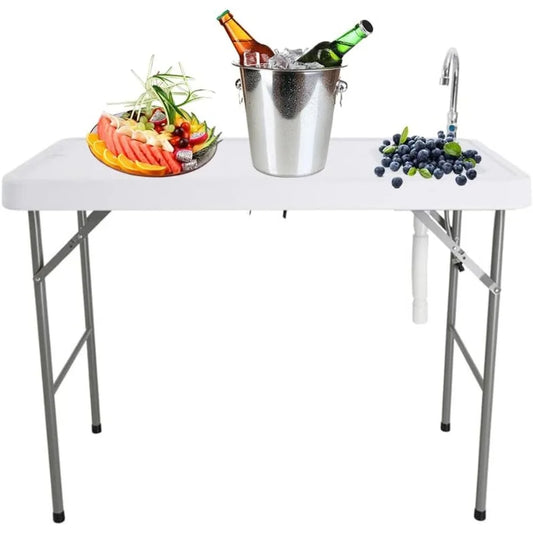 46” Fish Cleaning Table with Sink, Portable Camping Table with Faucet & Drainage Hose, Outdoor Fillet Station for Camp, Picnic