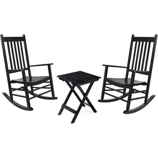 Outdoor Rocking Chair Set, Wood Porch Rocker, 2 Wooden Rocking Chair With Outdoor Side Table, Perfect for Indoor or Outdoor, All