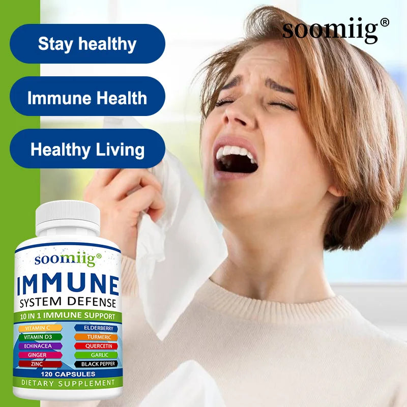 10-in-1 Immune System Defense Supplement - with Vitamins, Elderberry, Helps Balance Immune System Health - Vegetarian Capsules