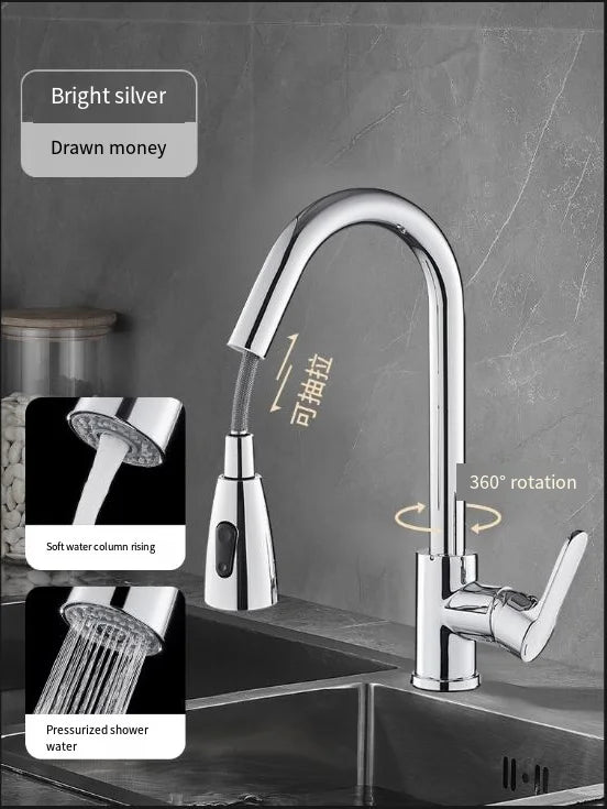 Stainless Steel Kitchen Faucet with Pulldown Spray 360 Rotation Single Hole Sink Faucet Modern Easy to Clean for Home